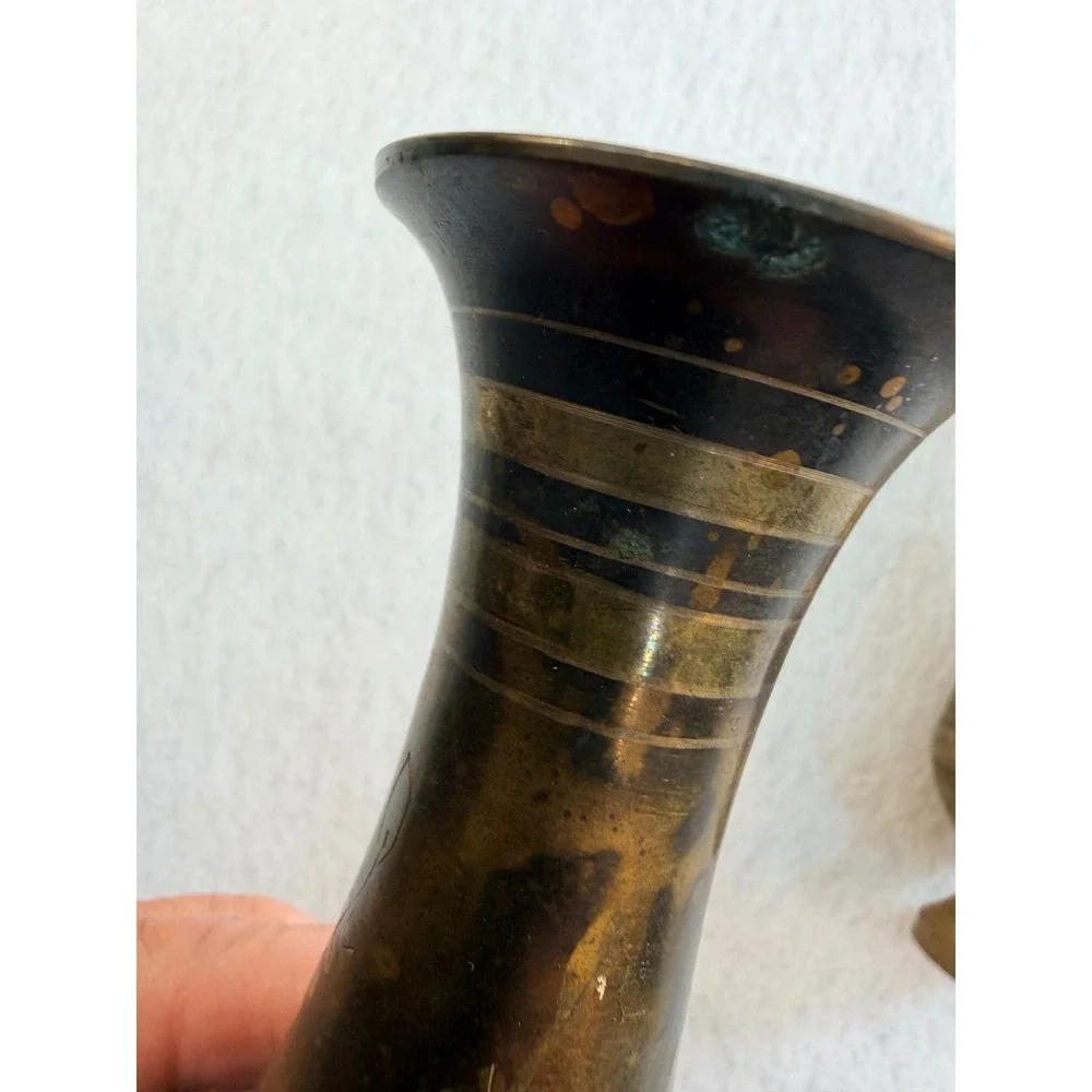 Vintage Brass Bud Vases Pair Made in India Engraved Floral 7